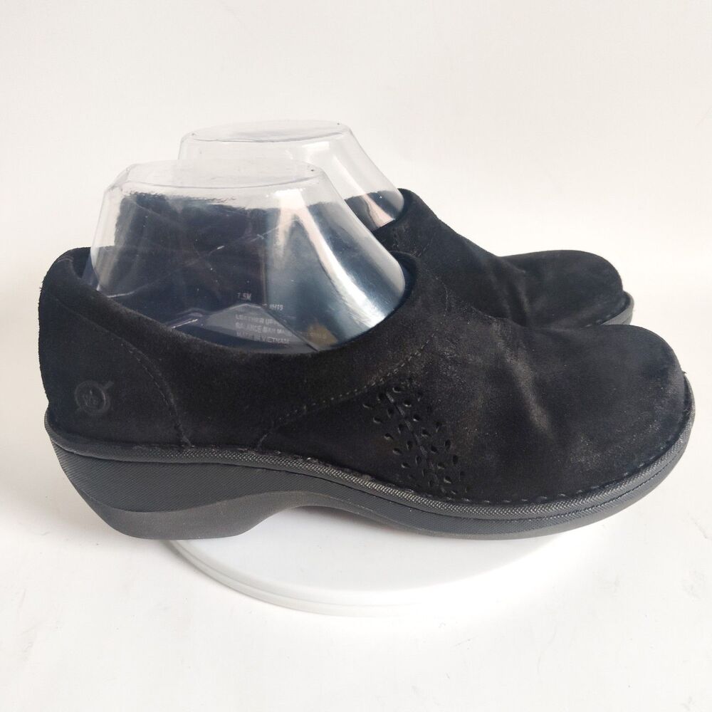 Clarks Clogs Loafers 7.5 Leather Suede Black Comfort Shoes Slip-on Flats Preppy